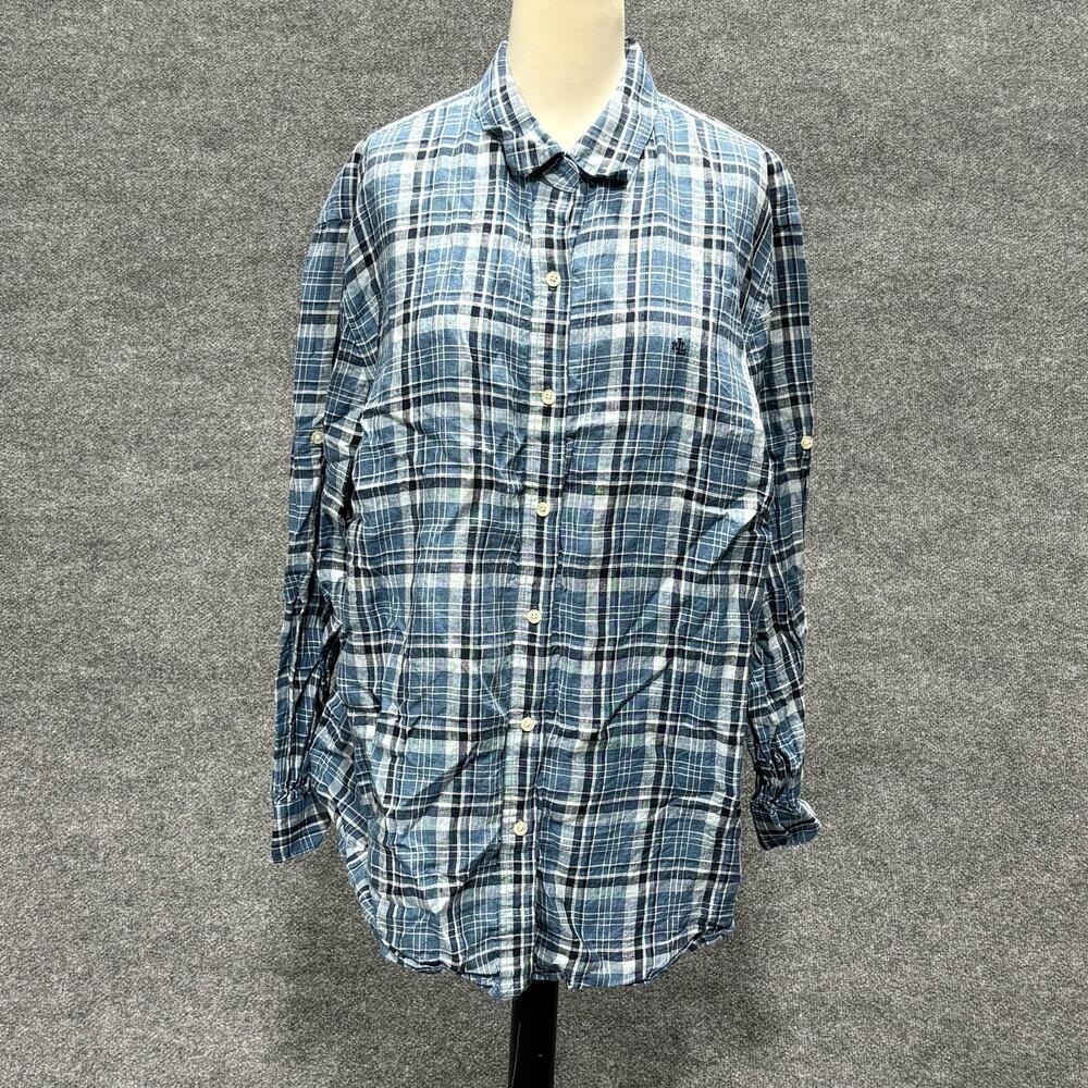 Lauren Ralph Lauren Shirt Womens 3X Blue Plaid Linen Roll Tab Button Sleeve